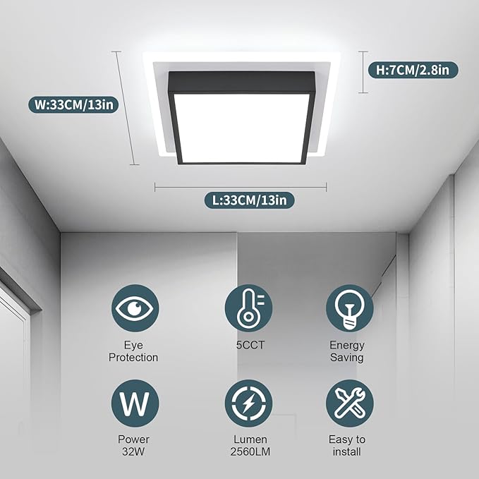 Modern LED Ceiling Light, 13 Inches Square Ceiling Light, 5CCT Flush Mount Ceiling Light, Hallway Ceiling Lighting Fixtures for Living Room Bedroom Bathroom Kitchen