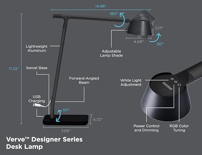 Verve Designer Desk Lamp with USB Charging Port, True White LED + 16M RGB Colors