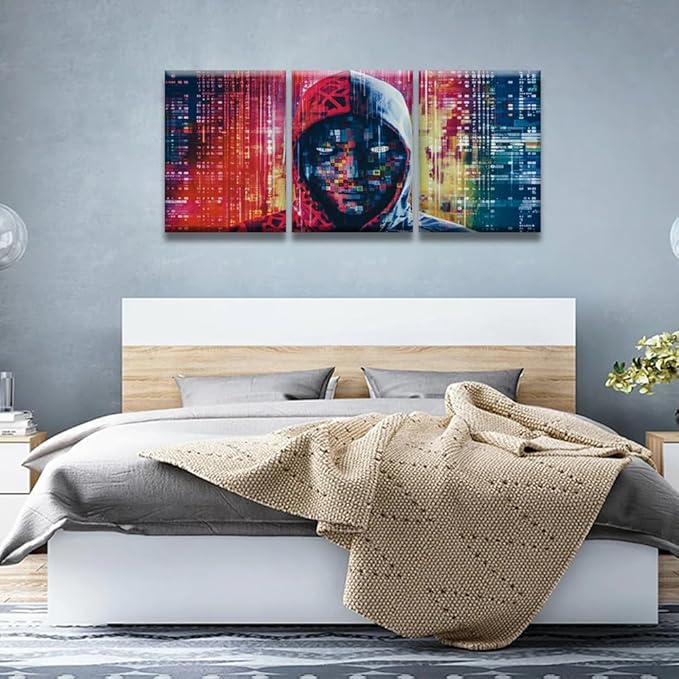 LSIUHWUWI 3 Panels AI Wall Art Hacker in Mask on Dark Background with Digital Effects Pictures Print On Canvas for Living Room Bedroom Wall Decoration, Stretched Framed Ready to Hang, 12x16inchx3