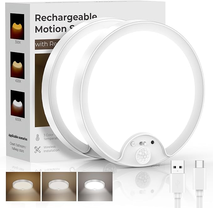 Motion Sensor Flush Mount Ceiling Light 2 Pack, 8000mAh 500LM Battery Operated Wireless LED Fixture with Remote Control & Stepless Dimming for Closet Shower Stairs Shed Hallway