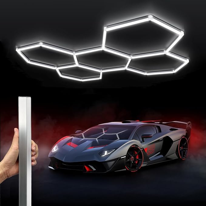 LED Hexagon Garage Light: 5 Honeycomb 24 Packs 6500K 21120LM Super Bright Car Detailing Garage Ceiling LED Shop Light for Warehouse Workshop Gym Basement Car Care Wash Room Hex Lights