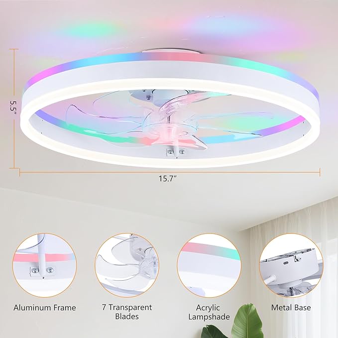 STERREN 15.7" RGB Ceiling Fan with Light, Modern Flush Mount Bladeless Ceiling Fans, Low Profile Ceiling Fan with Remote,Small White Fandelier Chandelier for Bedroom Living Room