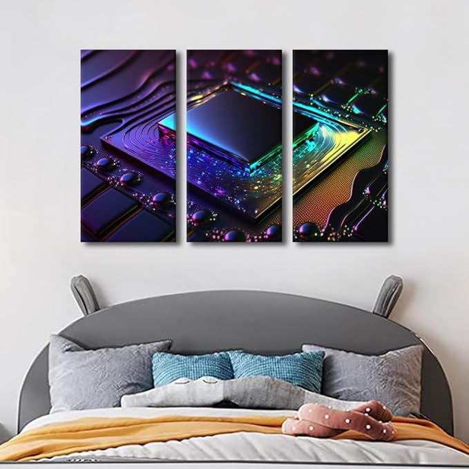 3 Panel Wall Art Computer Processor Poster on Canvas, Framed Wall Art Artificial Intelligence Wall Decoration Modern Artwork Giclee Stretched Framed Ready to Hang, 42" Wx28 H