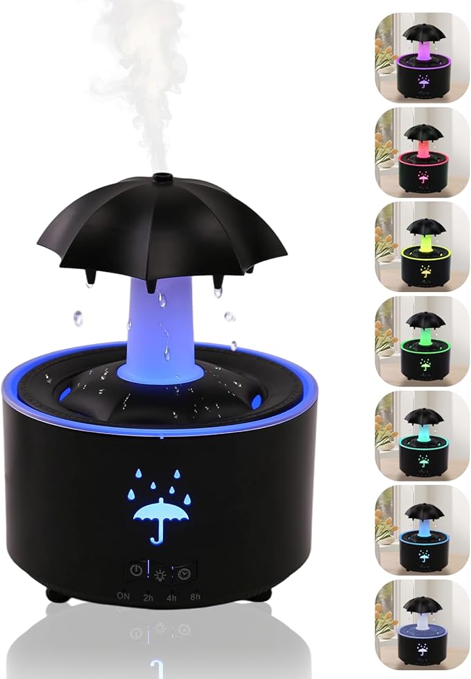 Rain Humidifier Oil Diffuser, Raindrop Essential Oil Aromatherapy Diffuser for Bedroom, 360° Rotating Raindrop & 7 LED Mood Lights, Auto Shut-Off, Quiet Cool Mist Humidifier for up to 24 Hrs