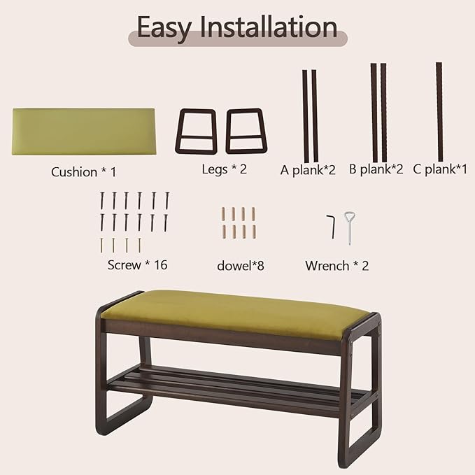 Shoe Rack Bench,2 Tier Solid Wooden Entryway Bench with Shoe Storage, Shoe Rack with Cushion for Living Room, Hallway(Olive Green, 31.5")