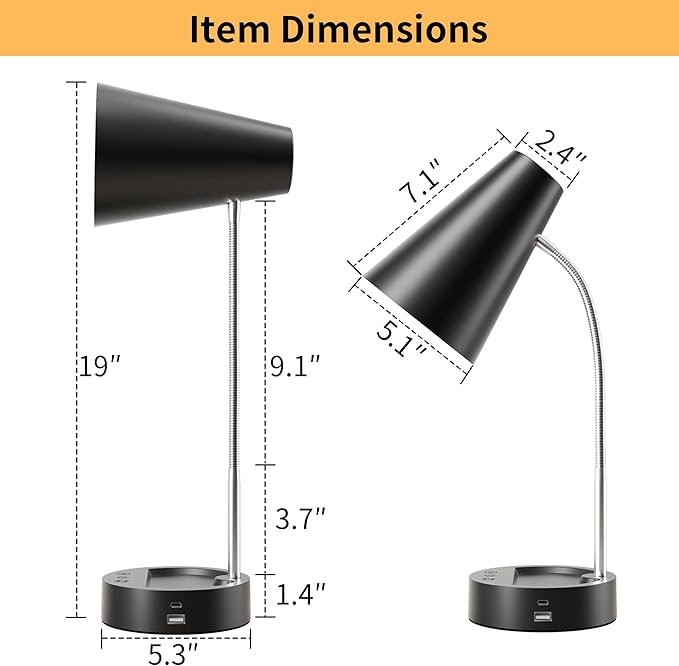 RUNTOP Desk Lamp, Black Desk Lamps for Home Office, LED Desk Light with USB Port and Type C Port, 5 Brightness Levels, 5 Color Temperatures, Flexible Gooseneck Desk Lamp, Table Lamp for Reading Study