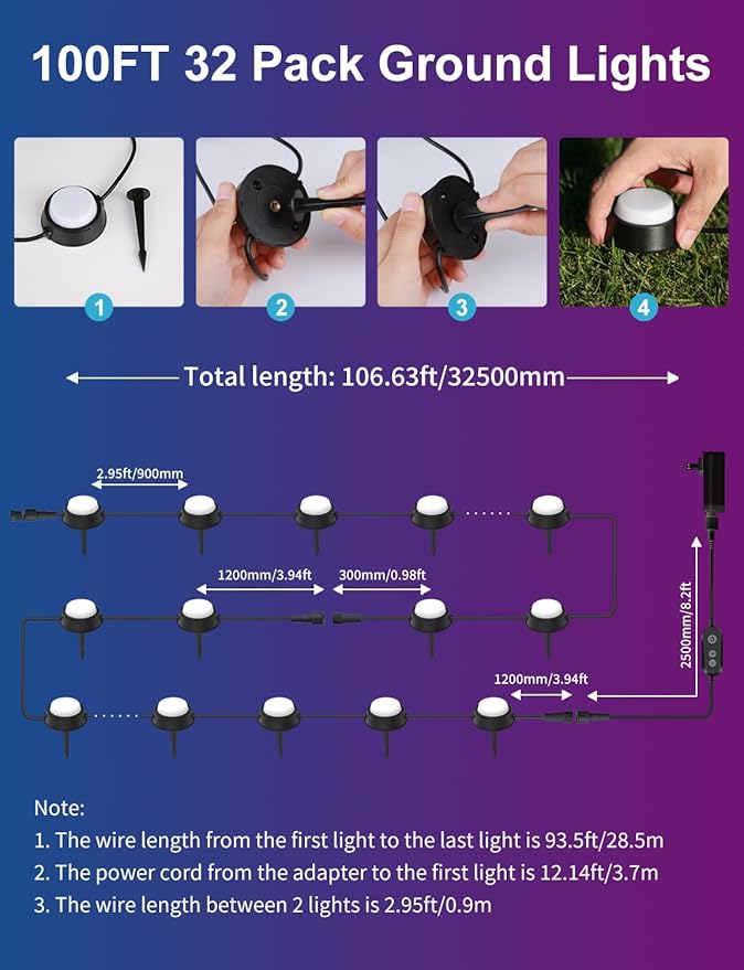 APPECK Smart Outdoor Ground Lights 32 Pack, 100FT RGBW Color Changing Pathway Lights Wired, 2200K Warm White Landscape Lighting, for Garden Yard Lawn Path Holiday Party Decor, with App/Voice Control