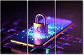 3 Panels Padlock Hologram Wall Art ProtectingBusiness and Financial Data with Innovation Technology Posters Print on Canvas for Living Room Bedroom Wall Decoration, Ready to Hang, 60" Wx40 H