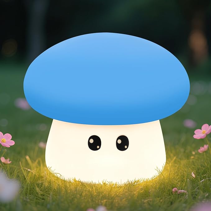 Squishy Big Eyes Mushroom Night Light with RGB Mode 3 Brightness Adjustable Nursery Breastfeeding Nightlight Cute LED Blue Mushroom Lamp Rechargeable Silicone Touch Bedside Lamp for Bedroom Dorm Decor