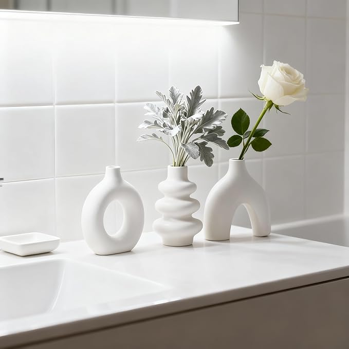 Ceramic 3 Pcs Vase Set,Modern Home Decor Table Centerpiece,Minimalist Nordic Vases, Wedding, Living Room, Bookshelf, Office, Modern Home, Entryway Boho Decor (White)