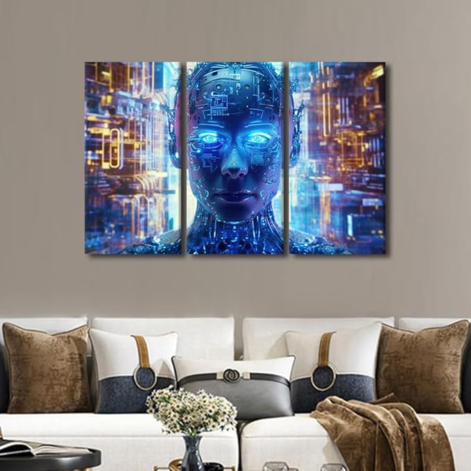 TUMOVO Artificial Intelligence Wall Art 3 Panel AI Art for Business and Technology Pictures Print on Canvas Wall Decor for Living Room Bedroom, Stretched Framed Ready to Hang, 42" Wx28 H