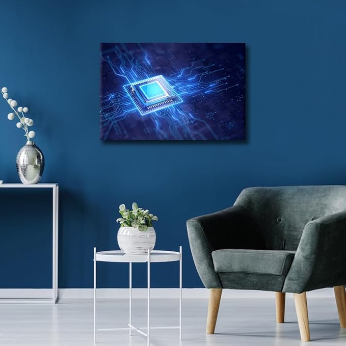 TUMOVO Glowing CPU Wall Art AI Pictures Print On Canvas Futuristic CPU Modern Artwork Circuit Board Wall Art for Living Room Office Giclee Gallery Posters and Prints Framed Ready to Hang, 24x16in