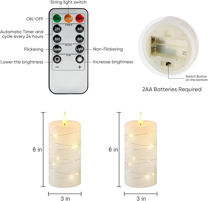 Amagic 3"×6" Flameless Candles with String Lights, White 11-Key Remote & Timer Battery Operated Flickering Led Pillar Candles Real Wax for Home, Lantern, Halloween and Christmas Decor, Set of 2