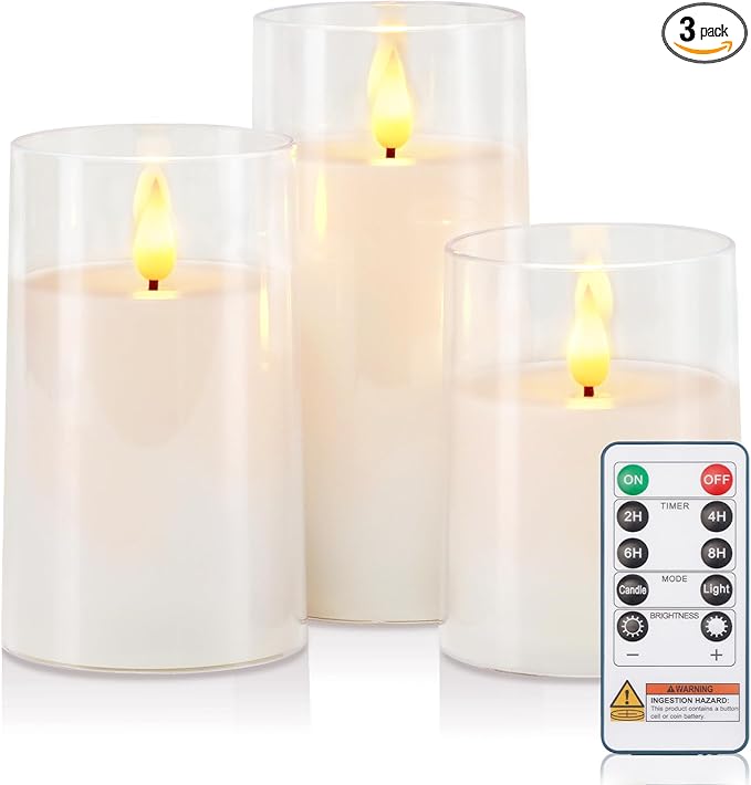 Raycare Flameless Candles Battery Operated with Remote Timer, Acrylic Flickering LED Pillar Candle for Valentine's Day Decoration, Home Decor, Gift for Family and Friend, White, Set of3