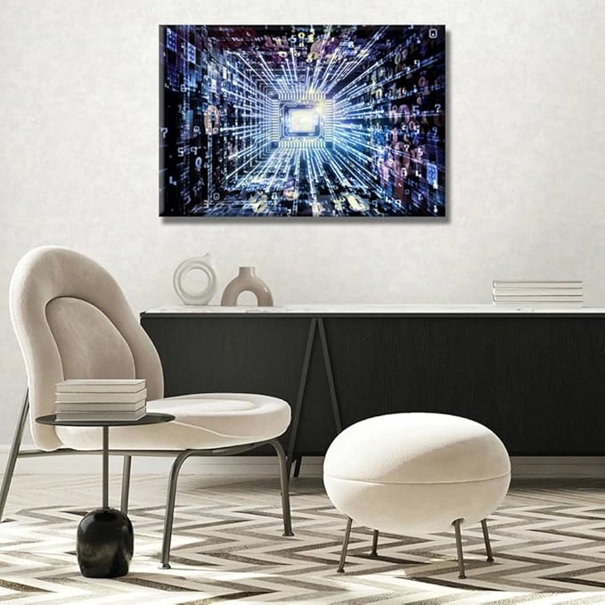 Futuristic CPU Canvas Wall Art CPU Concept Virtual Reality for Living Room Digital Cyber Space Wall Art for Living Room Picture for Bedroom Office Decor Artwork Framed Easy to Hang 16X24 INCH