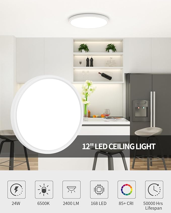Flush Mount 12 Inch LED Ceiling Light Fixture, 24W Super Slim Ceiling Lamp with Remote, 2400LM Dimmable Brightness, 2700K-6500K Adjustable Color Temperature, for Bedroom Living Room Kitchen Office