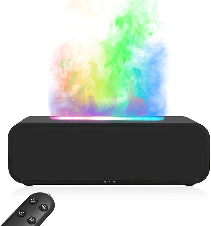Music Color Flame Aroma Diffuser, 250ml Rainbow Flame Diffuser humidifier with smart Remote Control, 7-Color Changing Essential Oil Aromatherapy Diffuser for Home, Office, Yoga, Bedroom (Black).