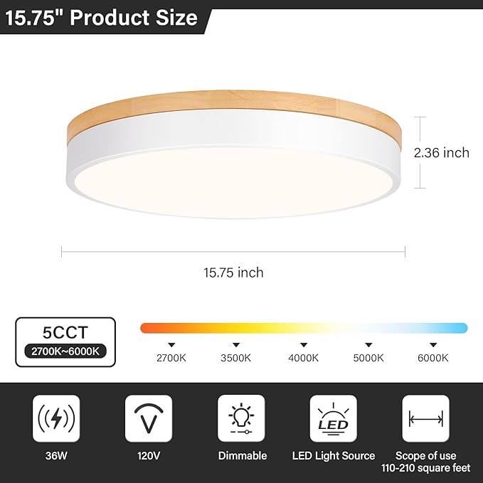 Modern LED Ceiling Light, Dimmable Wood Flush Mount Ceiling Lighting Fixture, 5CCT Round Wood Close to Ceiling Lamp for Kitchen Hallway Bathroom Office Laundry Room Entryway Nursery(White& 15.75 in)