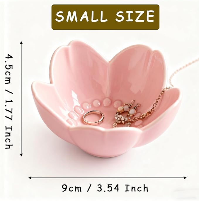 Pink Flower Ring Dish Jewelry Tray, Ceramic Jewelry Dish, Cute Small Trinket Tray, Nightstand Bathroom Decor Ring Holder, Jewlery Plate Bowl for Christmas Friendship Birthday Gifts for Women