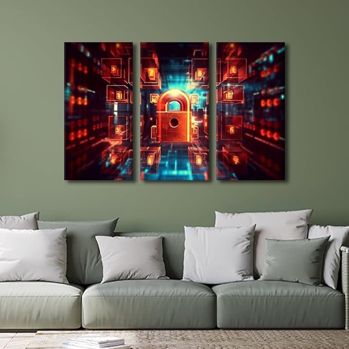 TUMOVO 3 Panels Modern Wall Art Digital Image of Padlock Cyber Security Background Canvas Prints Art for Living Room Bedroom Decorations, Wooden Framed Ready to Hang, 36" Wx24 H