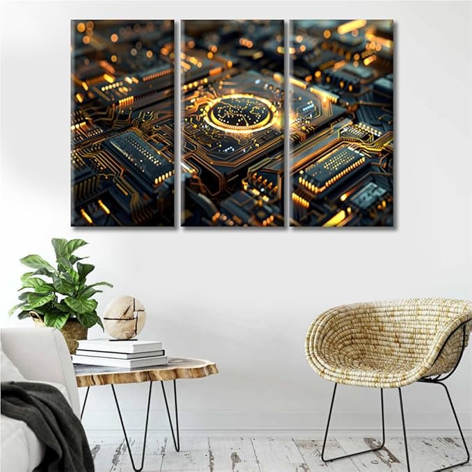 3 Panels Posters & Prints Advanced Circuitry Canvas Wall Art Computer Processors CPU Picture Prints Wall Decor Giclee Wooden Framed Gallery-Wrapped Ready to Hang (36"Wx24"H)