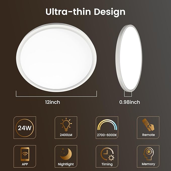 4Pack Flush Mount Ceiling Light with Nightlight 12inch,24W 2400LM Dimmable LED Ceiling Lights with Remote & APP Control,2700K-6000K Adjustable,Perfect for Bedroom/Living Room,Round White