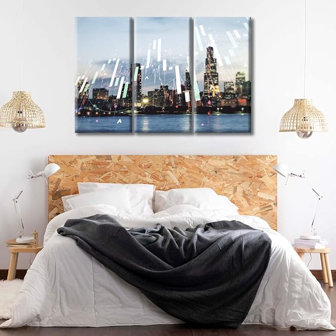 TUMOVO 3 Piece Chicago Skyline Background Forex and Investment Concept Pictures Wall Decor for Bedroom Business and Financial Concept House Decor Stretched and Framed Ready to Hang (42" Wx28 H)
