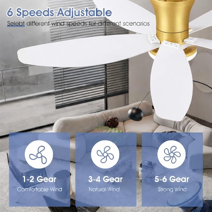 42" Ceiling Fans with Lights-Low Profile Ceiling Fan with Light and Remote/APP Control,Flush Mount Gold Ceiling Fan with Reversible White Blades