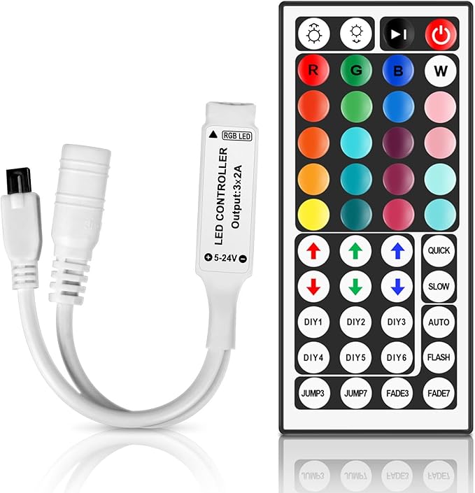 44 Key LED Strip Light Remote Controller, IR Wireless Dimmer with 4-Pin Output for RGB 3528 5050 5630 LED Tape Lights, 12V/24V DC5-24V Power Supply Replacement Remote