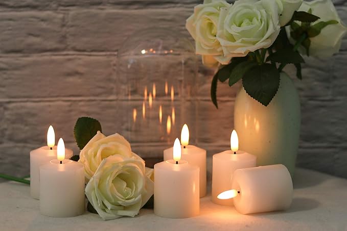 Eldnacele Flameless Flickering Votive Candles with Timer, Battery Operated Real Wax Realistic Black Wick LED Pillar Candle D2” x H3” Set of 6 White(Battery Included)