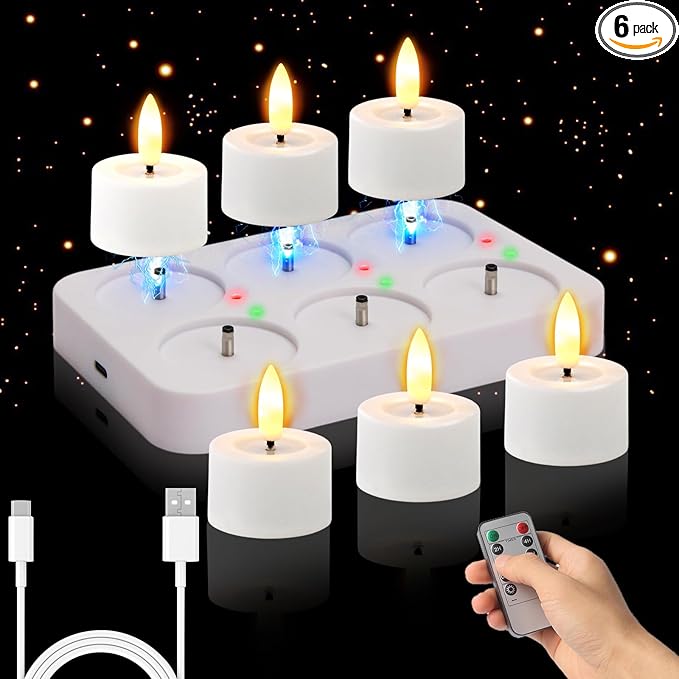 Rechargeable Flameless Tea Lights Candles with Timer Romote, 1.5"x 2" Small Votive Candle Battery Operated with USB Charging Base, Electric LED Candles for Wedding Centerpiece Table Decor (6 Pack)