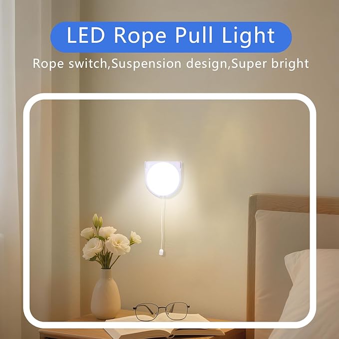 Stick-Up Light Bulb for Closet, 1Pack Battery Operated LED Light Bulb with Pull Chain, Wireless Self Adhesive Wall Mounted Lamp Fixtures for Cabinet Bedroom Living Room Kitchen, Milk White