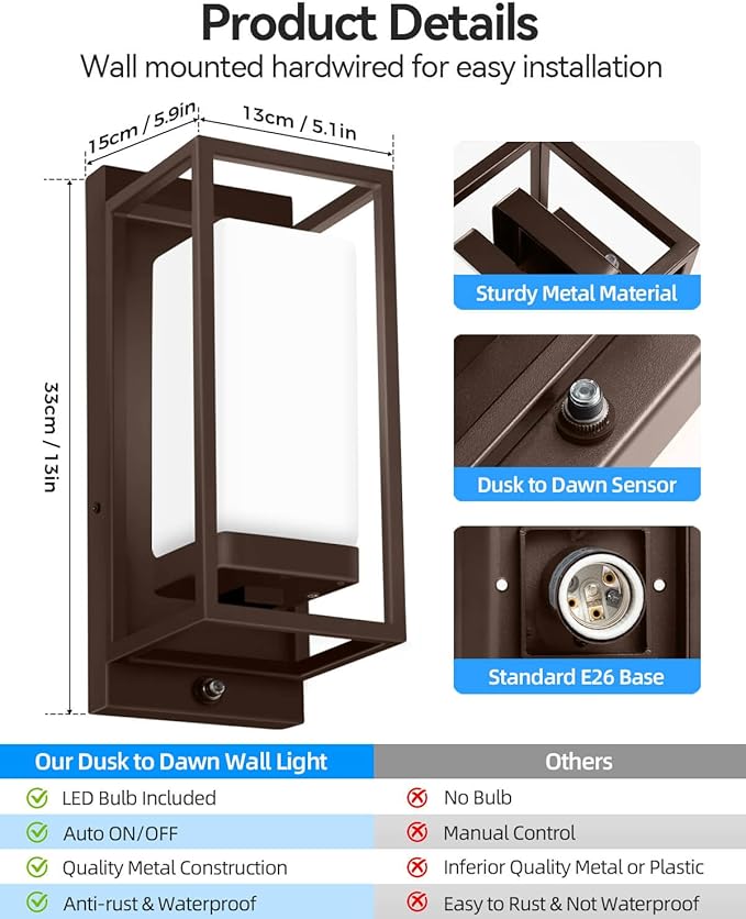 RAYVO Modern Outdoor Wall Light with Dusk to Dawn Sensor, Waterproof Exterior Lighting Fixtures with E26 Base, 3000K LED Bulb Included, Outdoor Sconce Lights for Porch Garage Entryway, Bronze, 2 Pack