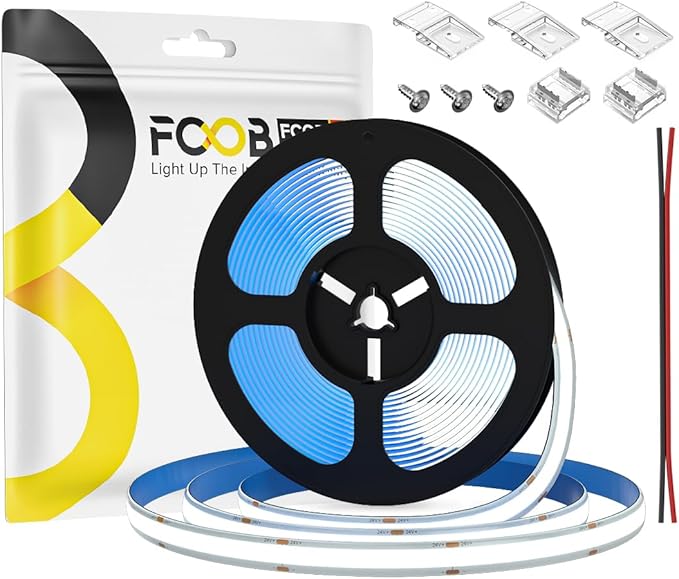 16.4FT COB LED Strip Light IP65 Waterproof DC12V 6000K Daylight White Dimmable Strips, 320LEDs/m High Density Flexible Uniform Lights for DIY Home Decor, Cabinet, No Adapter/Controller