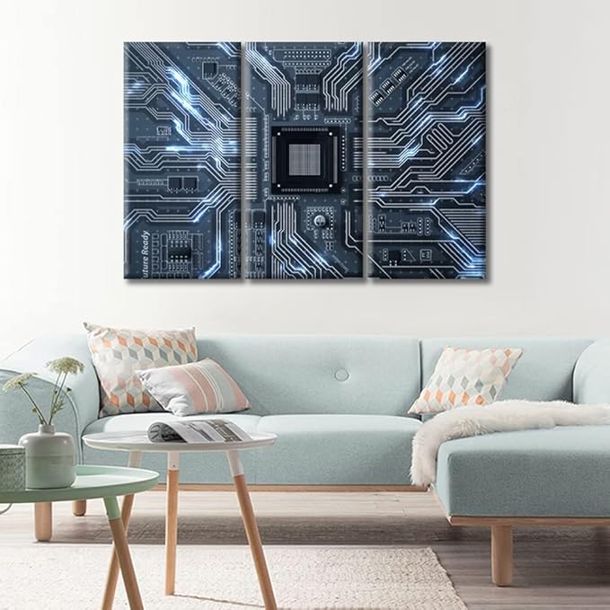 TUMOVO 3 Piece Motherboard Digital Chip Black and White Wall Art Circuit Board Poster Artwork Wall Decor for Bedroom CPU Concept Wall Art Framed Ready to Hang (42" Wx28 H)