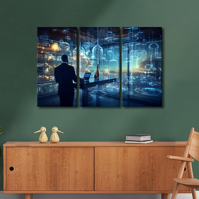 Framed Wall Art 3 Panel AI Art and Data Analytics Pictures Print on Canvas Wall Art for Living Room Bedroom Wall Decorations, Concepts Artwork Wooden Framed Ready to Hang, 42" Wx28 H
