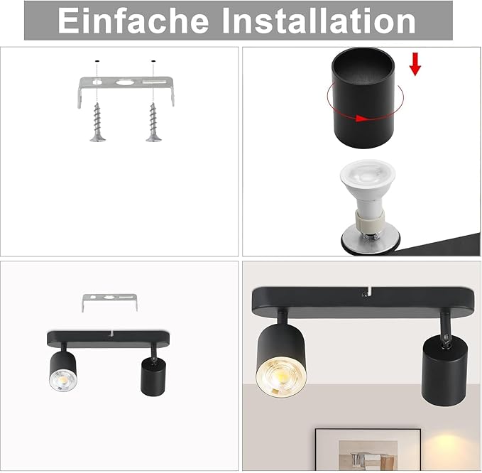 Adjustable Spotlight Ceiling Light Fixture 2 Light Gu10 Track Lighting Indoor Directional Light Ceiling Spot Light for Kitchen, Bedroom, Picture Wall, Hallway, Office, Bar (Black-2 Light)