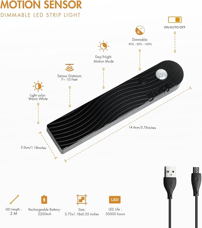 Sensky Motion Activeted LED Strip Lights Rechargeable Motion Sensor LED Strip Dimmable Cabinet Strip Lighting for Wardrobe, Gun Safe, Cabinet, Pantry, Closet (2M Black, Warm White)