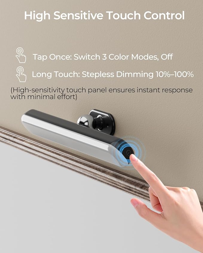 Wireless Rechargeable Bathroom Vanity Light – Black, 1600mAh Battery Operated Makeup Light Stick On, with 3 Color Modes & Touch Control, Adjustable Angle, USB-C Fast Charging for Above Mirror