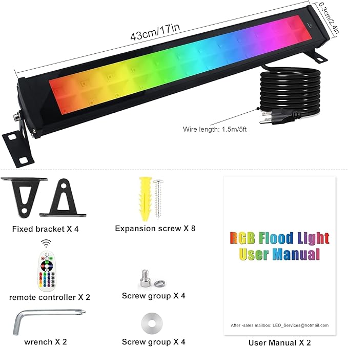 50W RGB Wall Washer Light, RGB Light bar with Remote Control & APP Control, for Hotel, Building, Commercial Lighting, Birthday Party, Garden Lighting, Wall Display