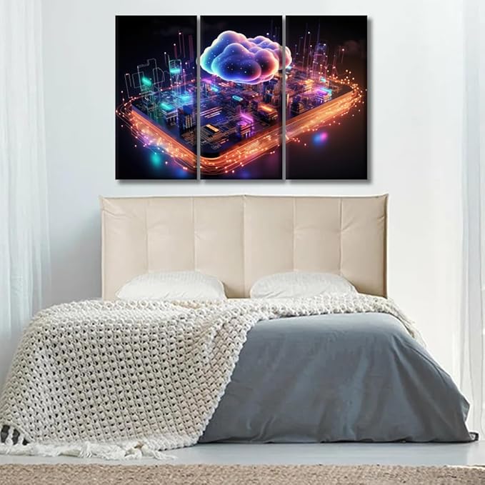 LSIUHWUWI 3 Panel Wall Art for Living Room, Cloud Computing Concept Picture Prints on Canvas for Living Room Bedroom Wall Decoration Wooden Framed Ready to Hang, 20x40inchx3