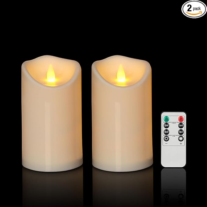 Outdoor Flameless Candles, Patented 3D Dual-LED, Set of 2 Slanted Resin Pillars with Remote, Waterproof Non-Melting Battery Operated Decor for Bathroom Bedroom Gift, Ivory (D3 x H6)