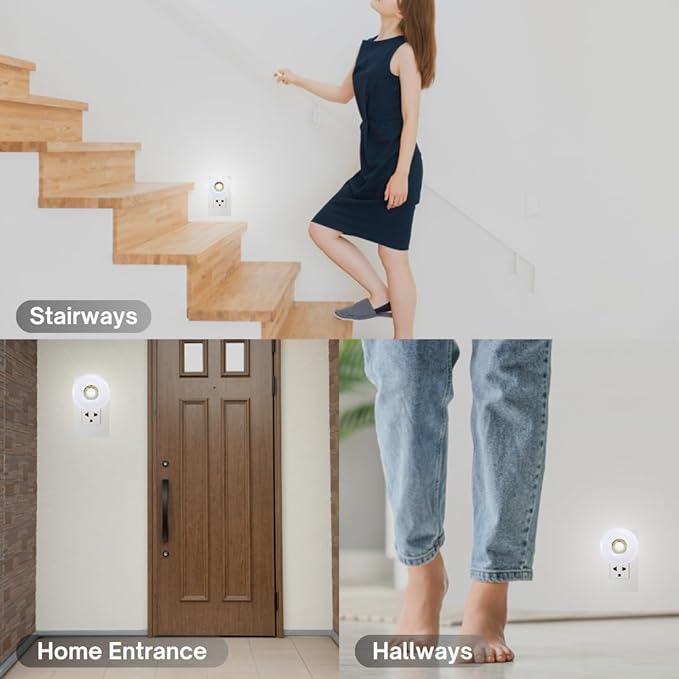 Bright Night Light LED Motion and Light Sensor AC Outlet Plug-in PIR Automatic Lamp Plug into Wall Dusk to Dawn 5W for Bedroom Garage Stairway Basement Hallway