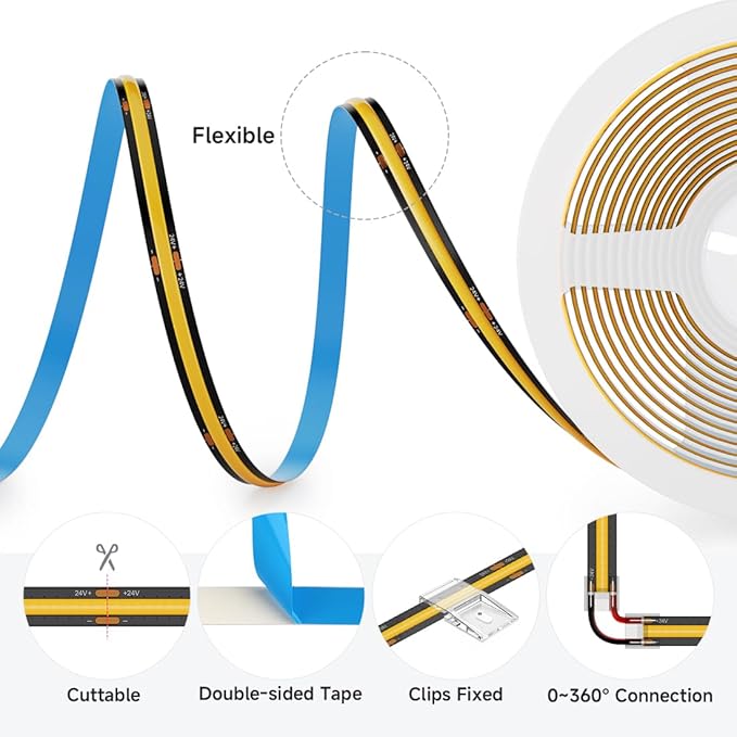 BTF-LIGHTING FCOB COB LED Strip 8W/m 16.4FT DC24V Warm White 3000K Flexible High Density Uniform Light CRI 90+ 8mm Width LED Ribbon Black PCB for Indoor Decor(No Adapter or Controller)