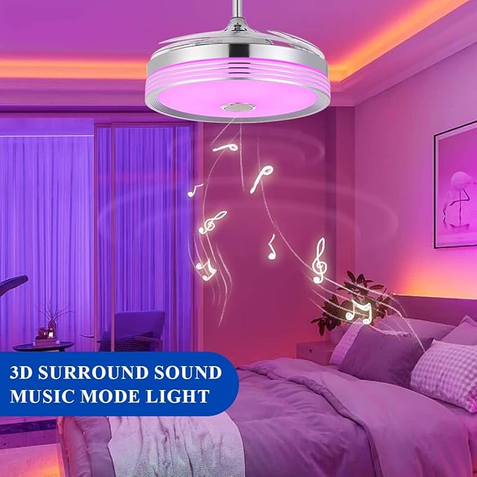 42 inch Retractable Ceiling Fan with Lights and Remote Control, 6Speed Dimmable Fandelier, Modern Smart Ceiling Fan Light with Bluetooth Speaker, RGB Color Reversible Bedroom Living Room