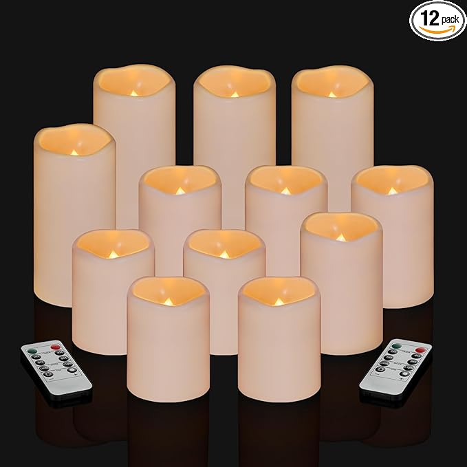 Flameless Candles 4" 5" 6" Set of 12 Ivory Waterproof Pillars 3" Diameter Battery Operated Flickering Candles Include 10-Key Remote Timer Function 400+ Hours by 2 AA Batteries (12 Pack)