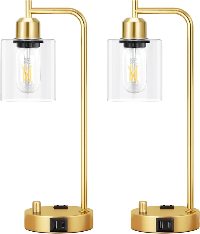 Innqoo Industrial Table Lamp for Bedroom Set of 2 - Fully Dimmable Bedside Lamps with USB Ports and Outlet, Gold Nightstand Lamps with Clear Glass Shade for Living Room, Desk Lamps for Office Reading