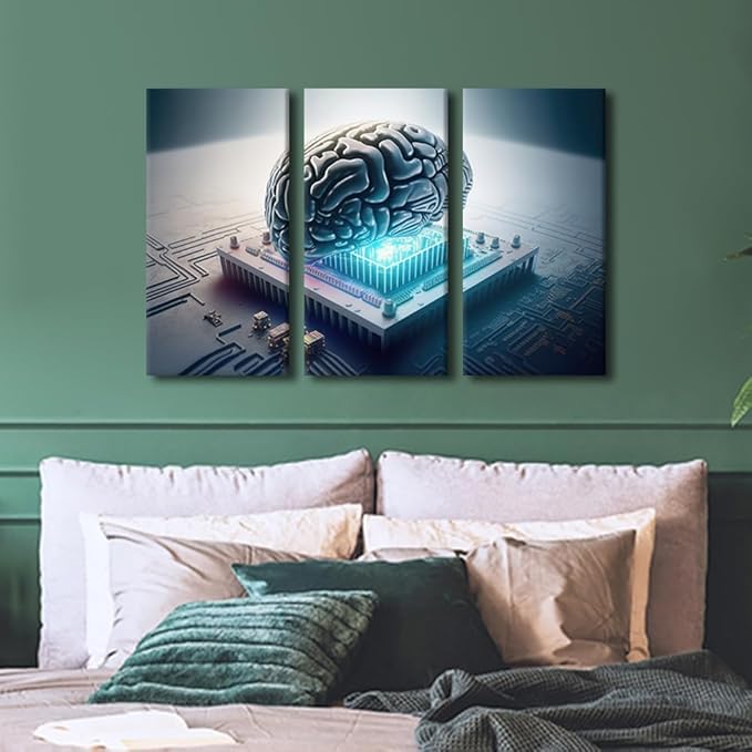 TUMOVO 3 Panel AI Wall Art Human Cyborg Brain Being Used with Computer Chip Pictures Print On Canvas Wall Art for Living Room, Modern Artwork Wooden Framed Ready to Hang, 36" Wx24 H