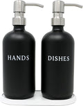 Black Glass Hand and Dish Soap Dispenser Set with Bamboo Tray – 16 oz Kitchen Soap Dispenser Set, Stainless Steel Pumps, Silicone Funnel – Modern Farmhouse Kitchen Sink Decor and Accessories