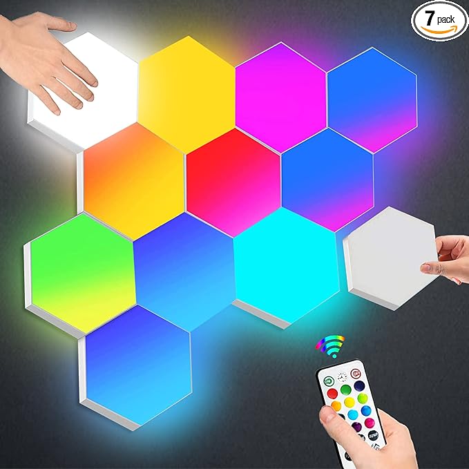 Hexagon Gaming Lights Remote Controlled, RGB LED Wall Lights Touch-Sensitive DIY Geometric Modular Light Panels with Stand, Infinitely Splicing for Gaming Living Room Bedroom TV Decor, 7 Pack